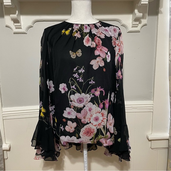 Giambattista Valli Frilled Cape Floral Silk Blouse Size XL - Picture 3 of 11